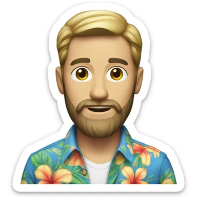A white man with a beard, wearing an Hawaiian shirt and a slim jean.  sticker