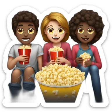 3 teenagers, watching movie at the cinema eating popcorn, dark background sticker