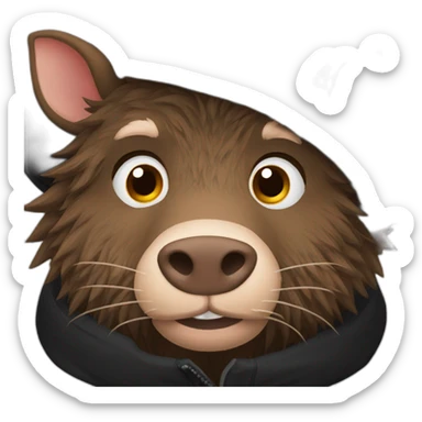 fullface wild tired brown boar with stubble in a black jacket and a black winter hat sticker