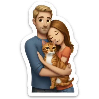 A man hugs a long brown-haired skinny hot woman and a bengal cat sticker