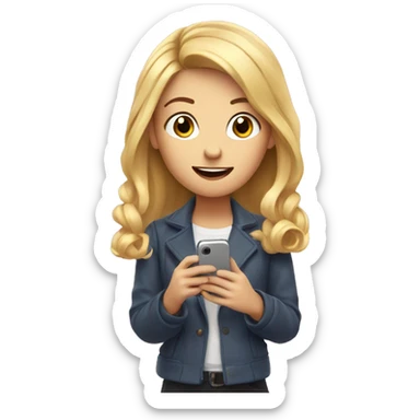 A girl with fair hair holds a phone in her hands and conducts a live broadcast sticker