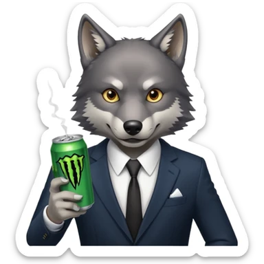wolf in business suit, holding one monster energy can, with brown eyes  sticker