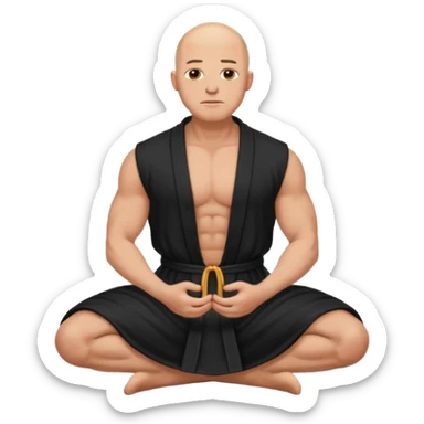 fullbody jacked bald guy, sleeveless and unbuttoned in black robe sitting hands on knees sticker
