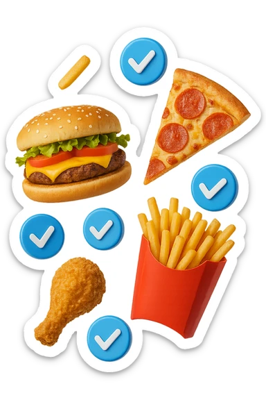 fast food realistico fluttua in aria insieme a spunte di verificato in 3d sticker