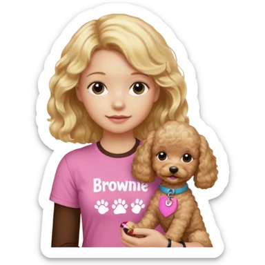 hazme un emoji que sea una niña rubi con el pelo ondulado i una camiseta rosa que ponga brownie, i acariciando a un perro (caniche toy) sticker