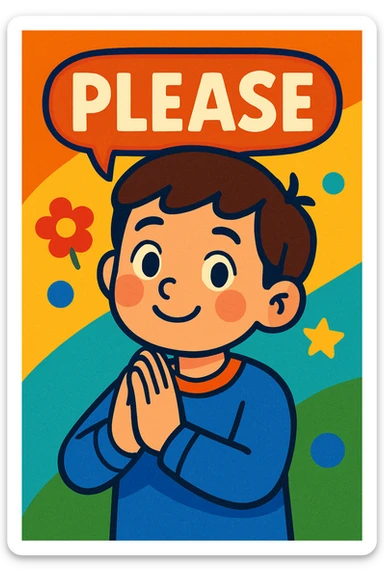 a child saying 'please' with a gentle gesture, etiquette theme, vibrant toon style sticker