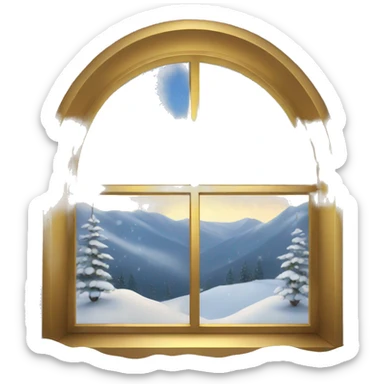Window overlooking a snowy landscape with gold lights around the window frame sticker