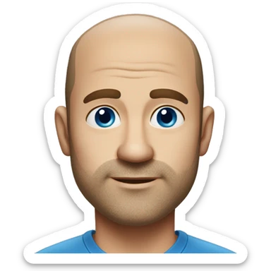 45-year-old man with a slightly round face, very short, almost shaved hair with a small central crest and a slightly receding hairline. He has blue eyes, subtle stubble sticker