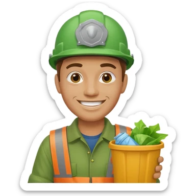 garbage man with green helmet holding garbage  sticker