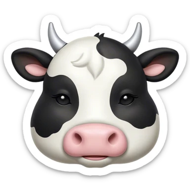 Meme-Worthy Cute Sleeping Black and White Cow Portrait Emoji, Head resting peacefully with a contented smile, showcasing a robust build and a luxuriously soft contrasting coat of black and white, eyes shut in a serene, restful nap, Simplified yet hilariously adorable features, highly detailed, glowing with a soft, drowsy light, high shine, relaxed and utterly lovable, stylized with an air of playful laziness, bright and heartwarming, soft glowing outline, capturing the essence of a comically sleepy cow, so meme-worthy it feels like it could instantly become the next viral sensation of adorable slumber! sticker