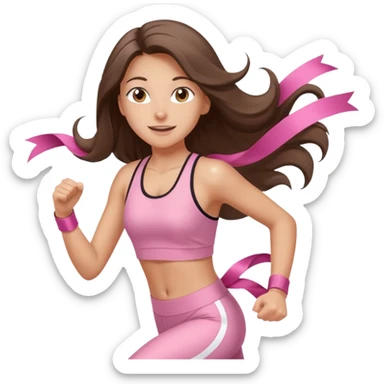 white happy brunette teen long hair with hazel eyes in light pink workout clothes jogging and breaking a ribbon race finish line sticker