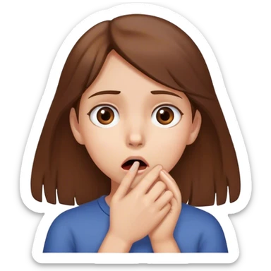 Girl brown hair hearing shooking news looks concerned holds her hand in front of her mouth  sticker