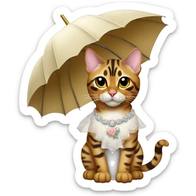 Bengal cat wearing a wedding dress holding an umbrella sticker