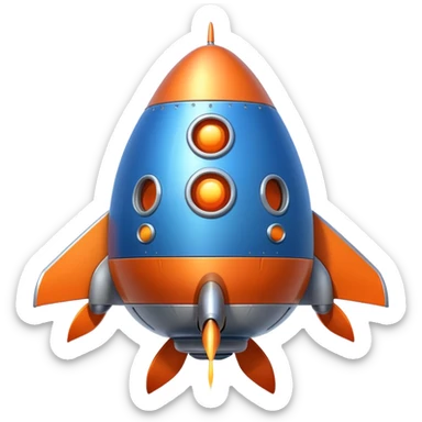 Spaceship with a large rounded belly in the middle, rocket boosters, personified with a happy face sticker