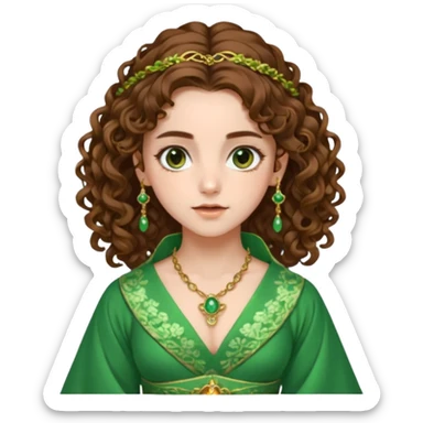 very beautiful italian girl, looking a bit like Emma Watson, with curly and big volume very bright brown hair, and a golden piercing ring in nose on left side, dressed in a beautiful sexy hanfu dress of green colors, nose ring sticker