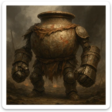 Alexandr Iron Fist, inspired by Elden Ring, massive living jar with iron fists, battle-worn, fantasy style, detailed, epic fantasy art sticker