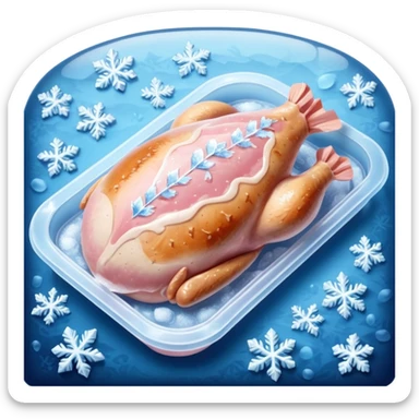 A pack of frozen chicken breasts sealed in transparent plastic packaging, covered with frost and ice crystals. The meat looks pale pink with a slight icy glaze, sitting in a freezer with cool blue lighting. Realistic detail, cold atmosphere, food photography style. sticker