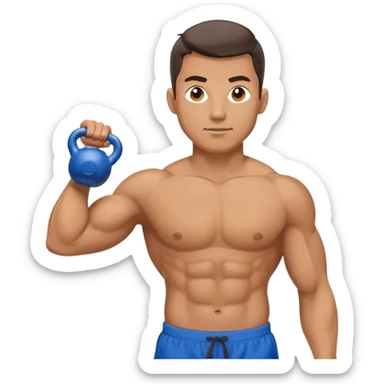 athletic man with blue shorts holding kettlebell sticker
