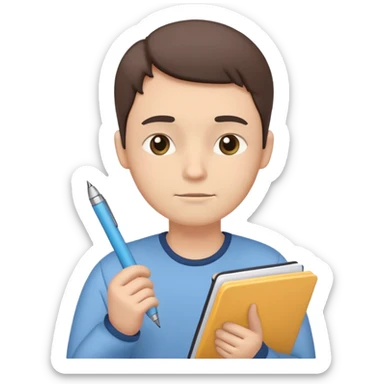 simplified human character holding a notebook and pen, thoughtful facial expression, slightly tilted head, planning life and goals, calm and focused mood, flat custom emoji sticker, pastel colors, rounded shapes, minimal details, thick outline, white background, no text sticker