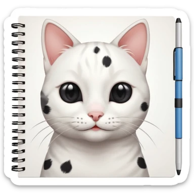 gatita blanca con manchas grandes negras en los ojos feliz en viendo una libreta con anillado sticker