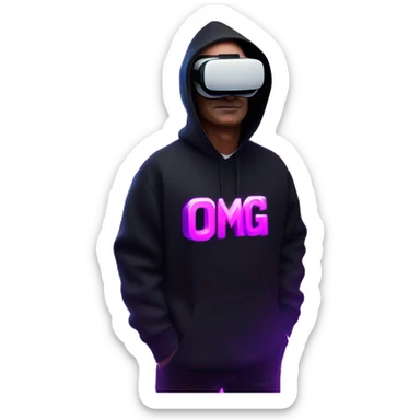 Putin wearing a black hoodie with "OMG" letters on it and VR headset oculus quest 2 in a cyberpunk VR environment with violet neon lighting. sticker