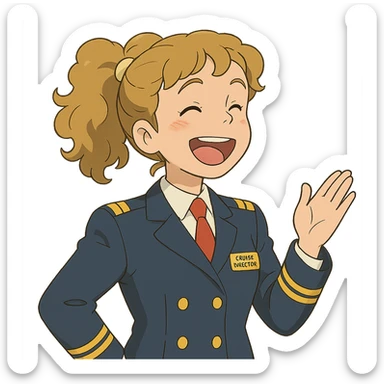ghibli style girl cruise director with curly dirty blonde hair in a ponytail, very happy sticker