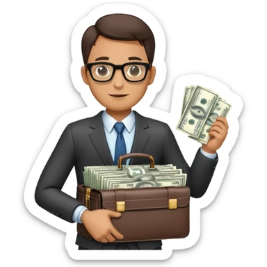 Male businessman wearing a suit and glasses holding open a briefcase showing stacks of dollar bills inside sticker