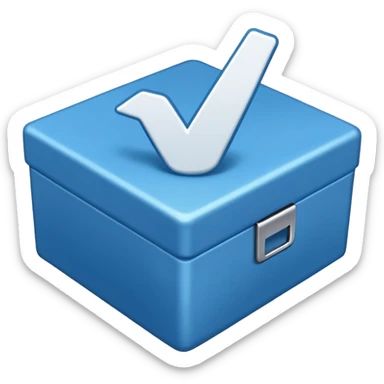 A blue box  and a white tick 1d sticker