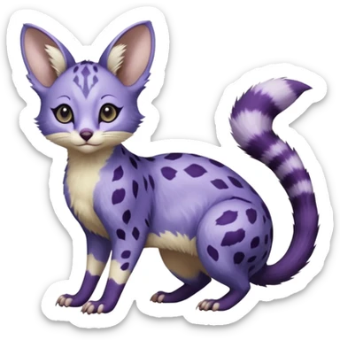 Indigo, violet-pointed, purple-patterned, soft realistic romantic vintage antique divine beautiful elegant pretty precious cute young youthful  Fakémon-Pokémon-opossum-feline-mouse-serval-caracal-chinchilla-Minccino-Cinccino-Meowstic-rodent-hybrid-creature (full body) sticker