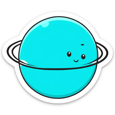 Uranus planet with pale cyan surface, tilted rings, and a friendly face sticker