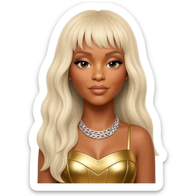 Beyonce from Destiny's Child with long platinum blonde hair, gold metallic dress, silver necklace sticker