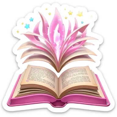 An open pink book with magical lights emerging from its pages sticker