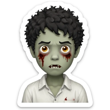 Boy, zombie, black hair, curly hair with white tips, shaggy, dark, spooky, creepy expression, white shirt sticker