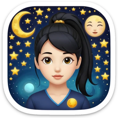 girl with black ponytail, sun, moon, star sticker