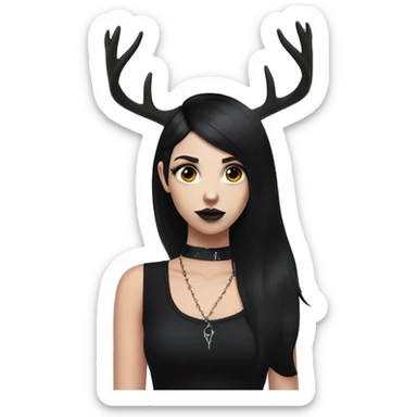 Goth deer girl with black hair in a sleeveless black dress and choker, white antlers and deer ears portrait sticker