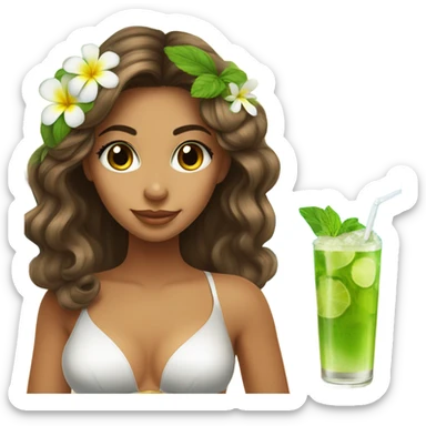brunette tanned girl with highlights, long lashes and a flower on her hair at the beach drinking a mojito sticker