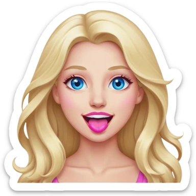 Cinematic realistic blonde with long hair, blue eyes and pink lips, rejoices sticker