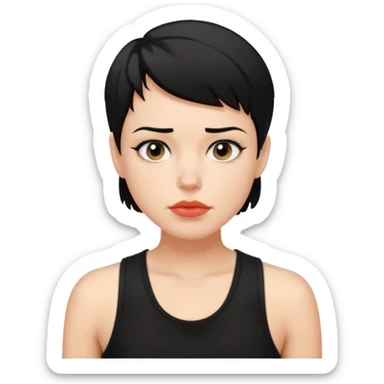 a white woman with short tomboy black hair with mole on top of her lip wearing men's black tank top sticker