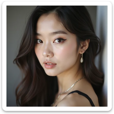 Jennie from Blackpink, close-up portrait, photorealistic, confident look, stylish makeup sticker