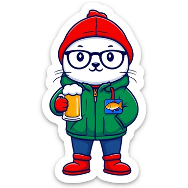 Catfish in a red winter jacket with hood, wearing round glasses, blue jeans, red boots, holding a beer can with a red label sticker