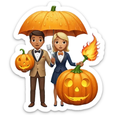 Make a guy hugging a giant pumpkin with a fork in his right hand while there's fire while there's a lady watching while it's raining while there's an umbrella on the ground that's alive and the sun has a bow tie on his neck sticker