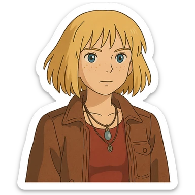 ghibli style illustration of a 14-year-old girl with choppy blonde hair, armpit length, shortest at mouth, middle part, light freckles, blue eyes, defined cupid's brow, tight dark red top, brown leather jacket, necklaces sticker