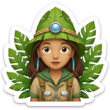 a girl explorer with jungle wearing a large leaf headgear bye  sticker