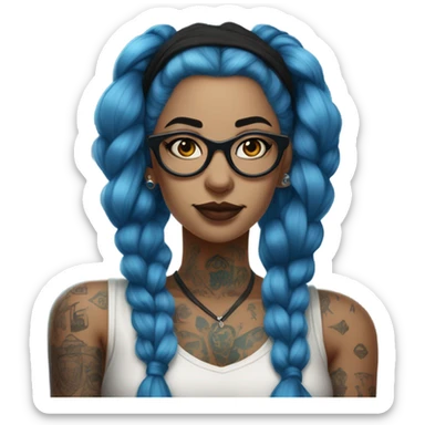 The image shows a female figure with long blue hair, tied in buns. She wears glasses and has several visible tattoos. Her outfit is a sleeveless blouse with a dark design, complemented by long gloves, reflecting a bold and modern aesthetic. sticker