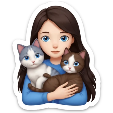 a girl with long dark 
brown hair, with blue eyes, hugs 3 different natural coloured cats sticker