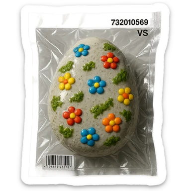light gray stone with small colorful flowers and green moss, glossy and puffy sticker