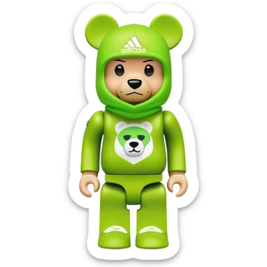 bearbrick toy with cubic design, wearing a lime green balaclava with Adidas trefoil logo, clear aggressive eyebrows, proper bear figure sticker