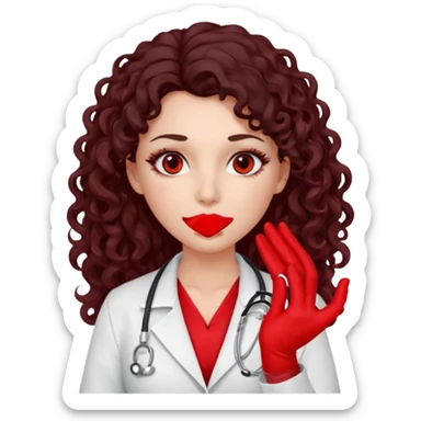 Lilith scalpel in hand, evil surgeon sexy surgeon clothes.  She has red eyes. She has dark brown long curly hair. Wears sexy doctor outfit with red gloves. Covers mouth neck and nose with red litham only covering under her nose to hide her identity sticker