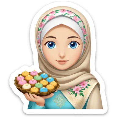 Turkish beautiful finish Konya girl blue eyes with lily floral hijab islamic dress and had on her hand text Eid Mubarak with sweets and celebrating with her friends eid days   sticker