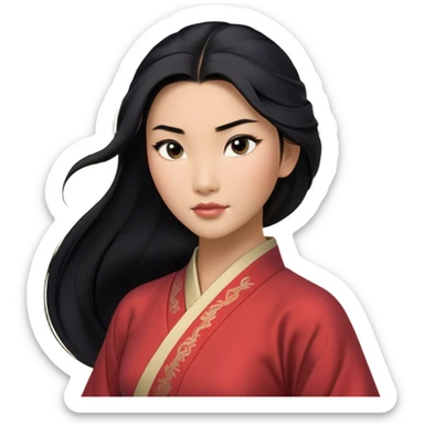 Cinematic Realistic Mulan Portrait, depicted with lifelike skin texture, soft natural lighting, and intricately detailed long black hair styled elegantly. Her deep, expressive eyes exude determination and grace, complemented by a serene yet confident expression. She is dressed in her classic attire, with rich fabric textures and delicate folds that catch the light beautifully. The portrait features a soft, enchanting glow with a natural, radiant finish, capturing the essence of timeless strength and beauty in a realistic and painterly style, evoking a sense of depth and authenticity. sticker